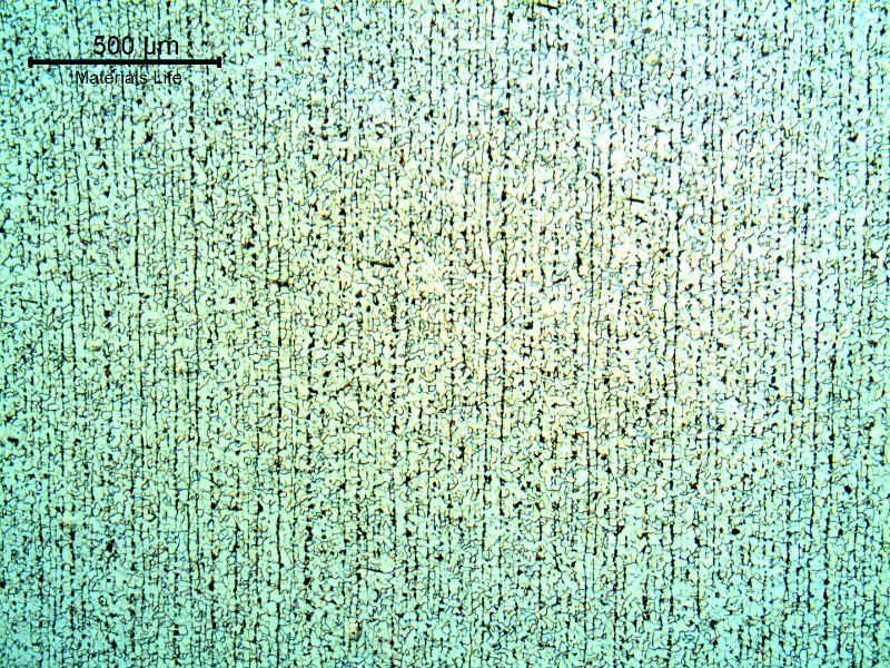 Micrography of the tube in a longitudinal section, presenting a typical ferritic pearlitic structure, banded. The tube presents a internal diamater 248 mm and thickness 12.5 mm.