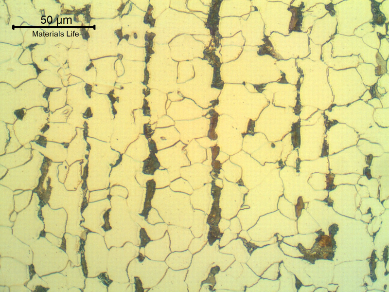 Micrographic detail of the ferritic pearlitic structure of the tube in the longitudinal section.