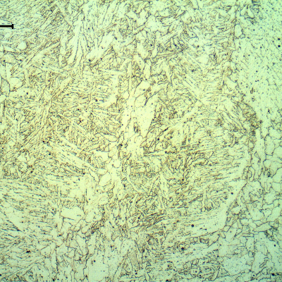 Micrography of the weld metal in the center os the weld. Columnar grains (of the previous austenite) with primary ferrite in the grain boundaries and acicular ferrite intragranular.