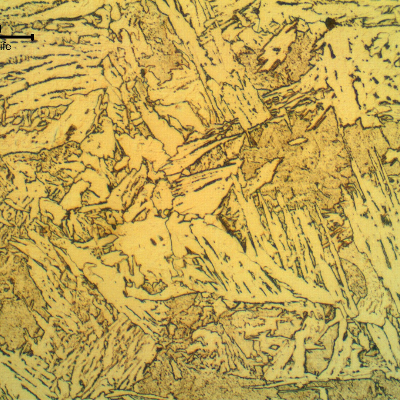 Micrographic detail of the (previous austenitic) grain coarse HAZ of the tube, showing a bainitic structure.