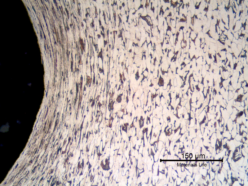 Micrography of a longitudinal section of the bolt at the bottom of the thread fillet, presenting a plastically deformed ferritic pearlitic structure in a very small extension from the surface (about 0.1mm). This analysis was conducted in a position far from the failure and the structure was created by the cold forming process to manufacture the thread.