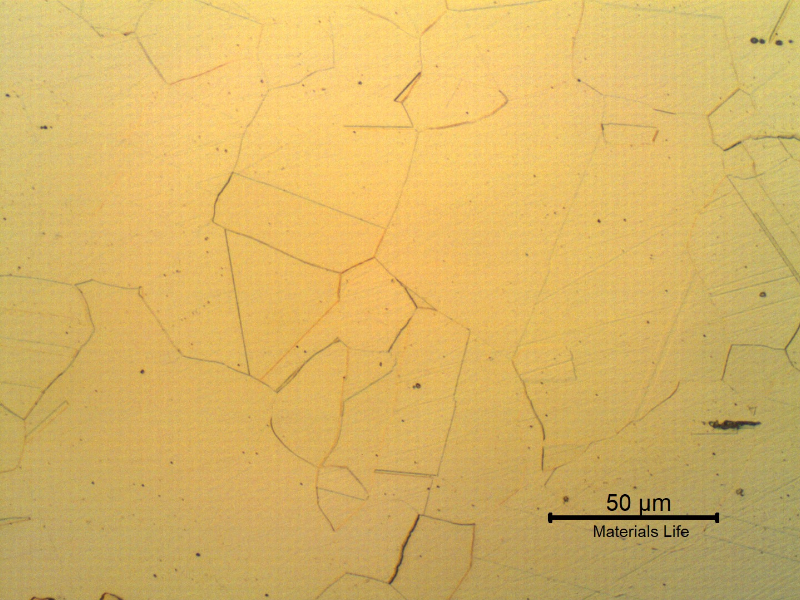 Nitronic 60 cylinder. Micrographic detail of the longitudinal section in the center of the thickness, presenting a fully austenitic microstructure, equiaxial grains, typical of a solution annealed condition.