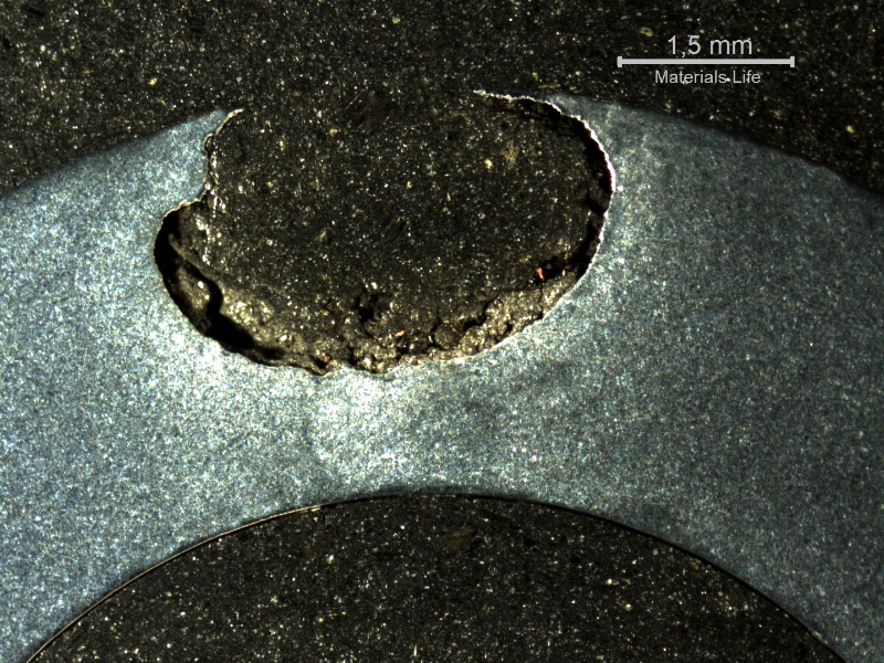 17-4 PH rod, tubular, OD 10.6mm, wall thickness about 3.5 mm.  Macrography of the rod in a transverse section showing the pitting in a position where it is almost through wall.