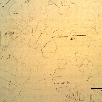 Nitronic 60 cylinder. Micrography of the longitudinal section in the center of the thickness, presenting a fully austenitic microstructure, with some aligned non metallic inclusions.