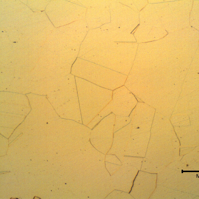 Nitronic 60 cylinder. Micrographic detail of the longitudinal section in the center of the thickness, presenting a fully austenitic microstructure, equiaxial grains, typical of a solution annealed condition.