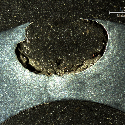 17-4 PH rod, tubular, OD 10.6mm, wall thickness about 3.5 mm.  Macrography of the rod in a transverse section showing the pitting in a position where it is almost through wall.