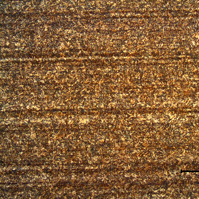 17-4 PH rod. Micrography of the longitudinal section in the center of the thickness, presenting an aged martensitic structure. The darker lines are bands of (sligthly) segregated regions. This material presents properties that correspond to the H1150 grade.
