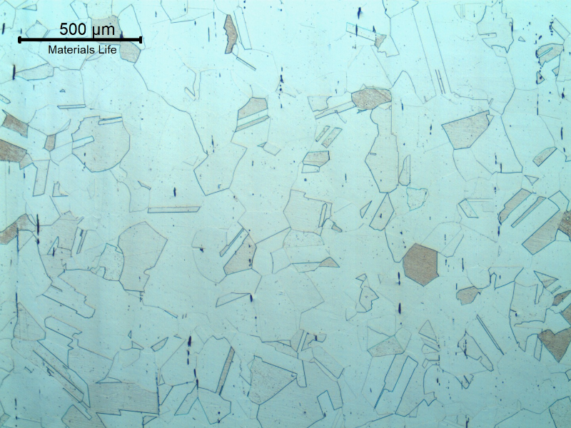 Micrography of the case, observed in the center of the thickness, showing an equiaxial granular austenitic microstructure, free from carbides.  The structure is typical of a 316 SS, in a solution annealed condition.