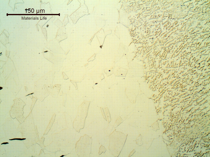 Micrographic detail of the fusion line of the welded joint of the padeye. The connector where the padeye was installed was welded to the case, but presented no evidences of corrosion.