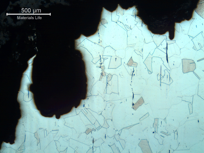Micrographic detail of the crevice corrosion in the case wall, showing that the structure is not affected and is fully austenitic with equiaxial grains typical of a solution annealed condition.