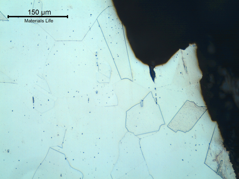 Micrographic detail of the crevice corrosion in the case wall, showing that the structure is not affected and is fully austenitic with equiaxial grains typical of a solution annealed condition.  Even non metallic inclusions did not accelerate corrosion since the extension of the inclusions was not too long and they were not connecting to others.
