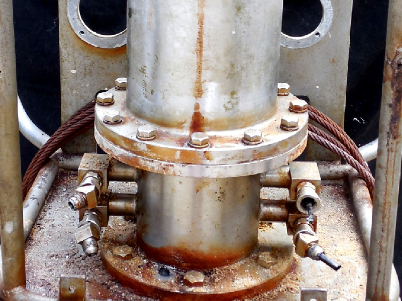 Flanged case, 640mm long.  The photo presents a general view of the instrumentation system, destroyed after only 6 months in subsea service.  The system was manufactured using only 316 stainless steel and the case was 20 mm thick.