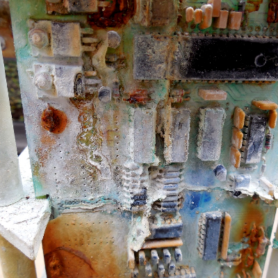 Detail of the electronic device after removing the external case.  It is corroded because seawater entered in the equipment that was pressurized from the external sea environment.