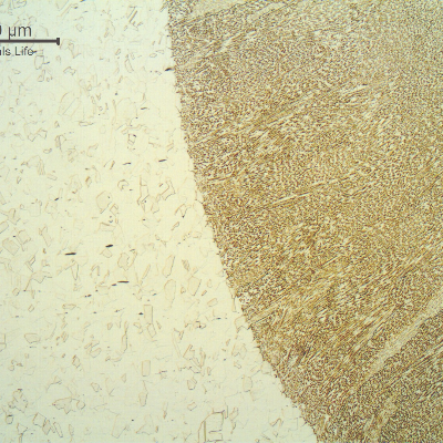 Microstructure of the welded region of the padeye, at the fusion line.  The weld metal is dendritic, austeno ferritic, in the left side of the figure. The heat affected zone is in the center of the figure and shows no changes in relation to the base metal. The padeye base metal is to the right side of the figure.