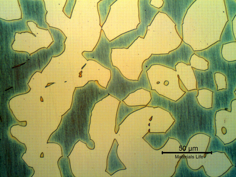 Micrographic detail of the ferrite and austenite structure in the transverse section of the forged bar, in the center of the thickness.