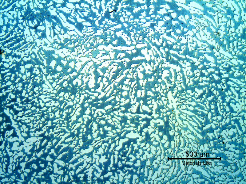 Micrography of a transverse section of the forged bar in the center of the thickness. Ferrite and austenite.  Coarse structure.