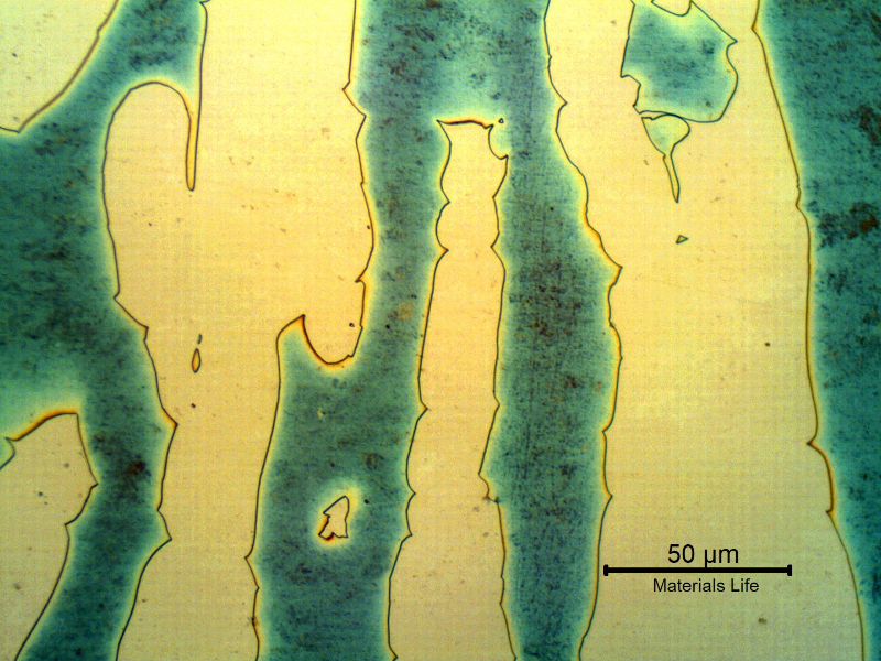 Micrographic detail of the ferrite and austenite structure in the longitudinal section of the forged bar, in the center of the thickness.