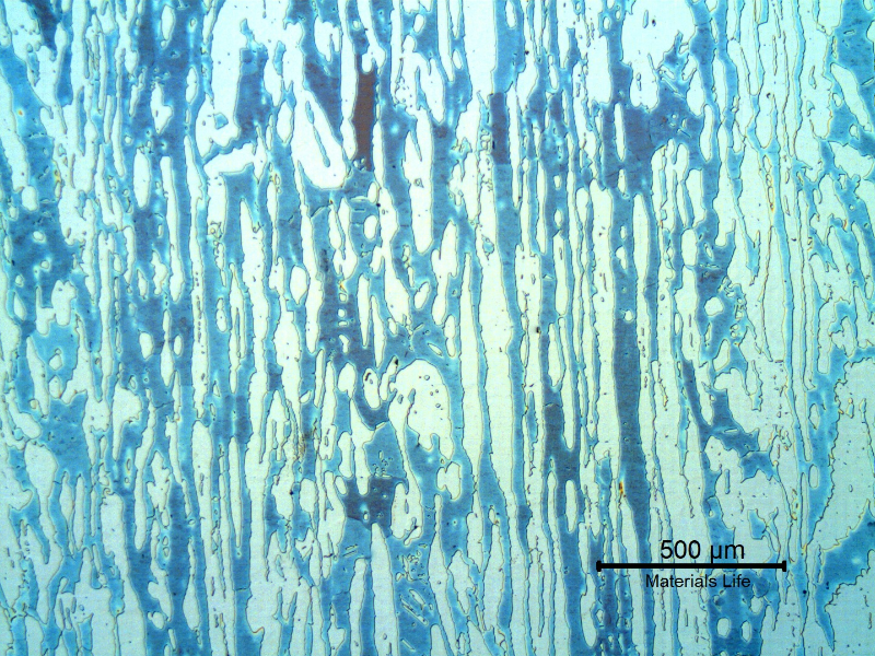 Micrography of a longitudinal section of the forged bar in the center of the thickness. Ferrite and austenite. Coarse structure.