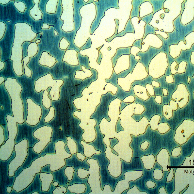 Micrography of a transverse section of the forged bar in the center of the thickness. Ferrite and austenite.  The ferrite amount, measured by metallographic method, manual counting, is 59%.
