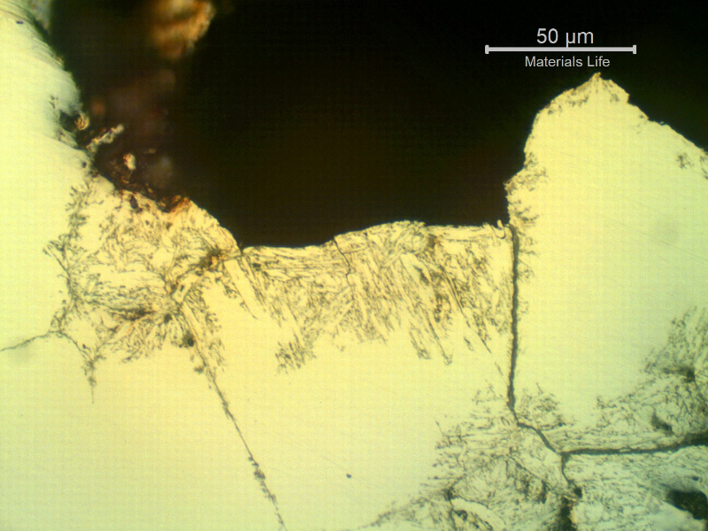 Micrographic detail of a transverse section of the ring, showing the corroded martensitic structure (chemical dissolution) inside the pitting.
