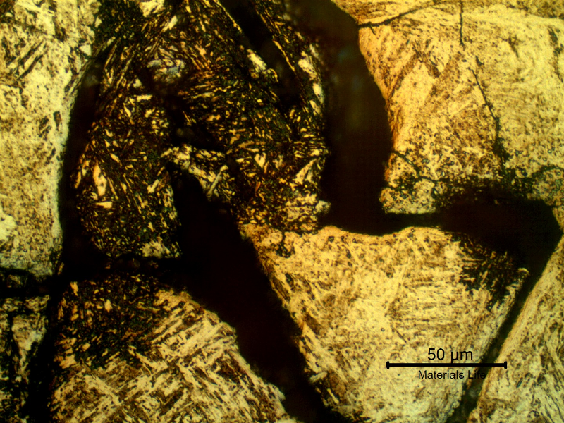 Micrographic detail of a transverse section of the ring at the cracking position.  The cracks are intergranular and opened at the position close to the surface. it is possible to identify dissolution of the structure adjacent to the grain boundaries,