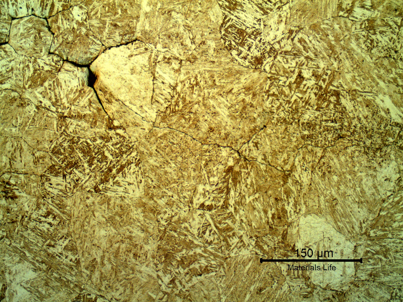 Micrography of a transverse section of the ring, in the center, where the cracking was closed.  The cracks are intergranular and not opened to the surface.