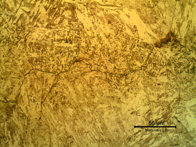 Micrography of a transverse section, in the center of the ring, where the cracking was closed.  The cracks are thin, not corroded, intergranular and not connected to the surface, indicating a hydrogen embrittlement effect.