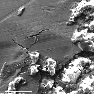 SEM image showing a branching surface crack extending from a region of granular corrosion deposits into the polished substrate.