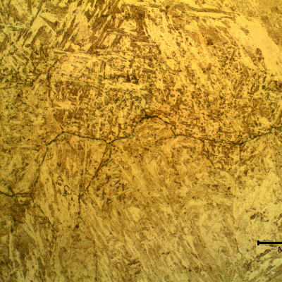 Micrography of a transverse section, in the center of the ring, where the cracking was closed. The cracks are thin, not corroded, intergranular and not connected to the surface, indicating a hydrogen embrittlement effect.