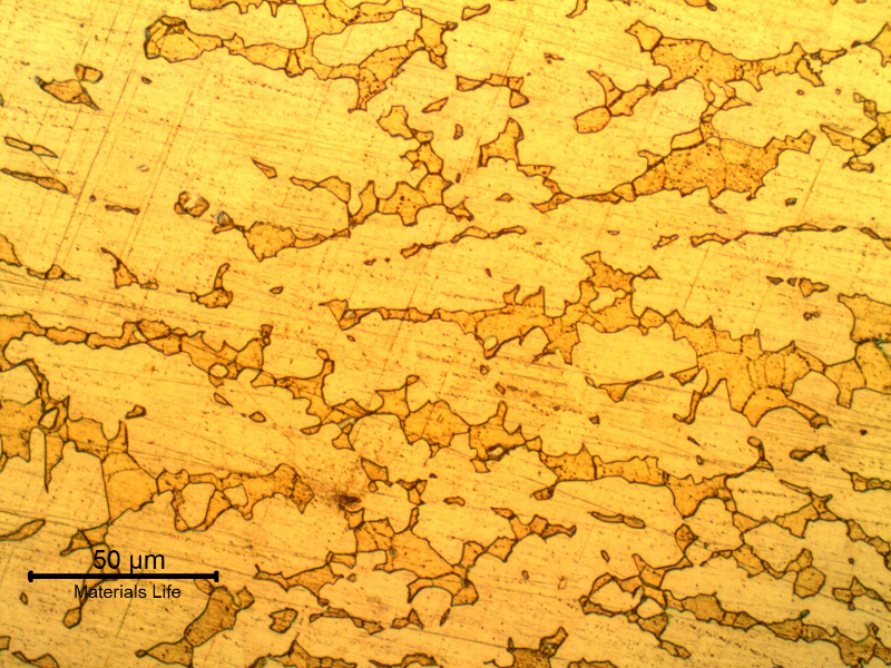 Micrographic detail of the non corroded region of the tubesheet presenting a microstructure of alpha (light yellow phase) and beta (orange phase).