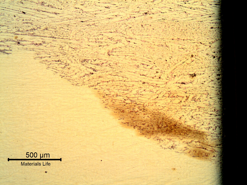 Micrography of the transverse section of the platesheet at the interface between the corroded and the non-corroded regions. The micrography is in the as polished condition.
