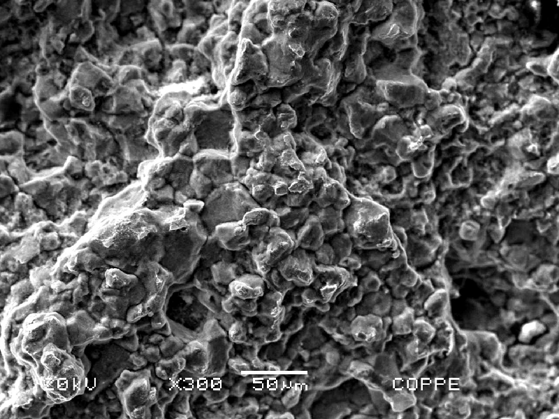 Aspect of the fracture surface of the bolt, after cleaning with a plastic brush. Although there is a layer of oxides it is possible to see the intergranular morphology of the fracture, typical of a hydrogen embrittlement mechanism.