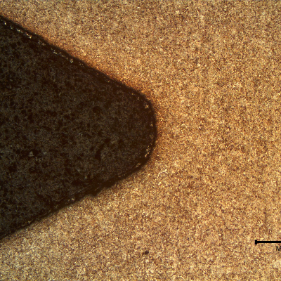 Micrography of the longitudinal section of the bolt at the bottom of the thread fillet, showing the uniform martensitic structure, not strain hardened.