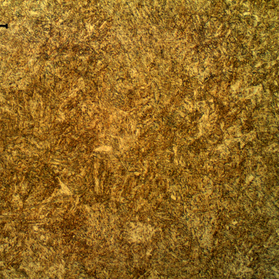 Micrographic detail of the martensitic structure, uniform in the longitudinal section of the bolt, in the center of the thickness (ND 5/8"). The hardness values of the bolts varied from 39 to 41 HRc.