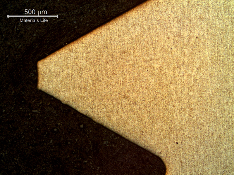 Low magnification micrographic image of the stud thread, in the longitudinal section, showing the segregation lines of the steel cut at the thread indicating it was machined.