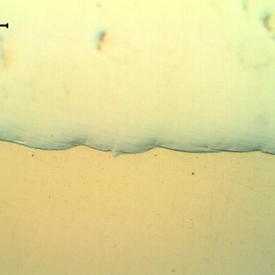 Micrography of the interface between the Ni layer (bottom) and the Cr layer (top of the figure).  The Cr layer, 250 microns thick and 1100HV hardness, presents small pores and cracks (that appear like black shadows, not focused).