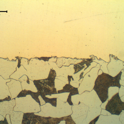 Micrography of the interface between the steel substrate and the first Ni layer.  The Ni layer, 160 microns thick and 300HV hardness, is uniform and presents no discontinuities.