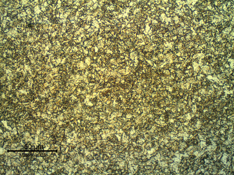 Micrographic detail of the heat affected zone at the root of the joint, submitted to several welding reheating cycles.   The structure is martensitic with a refined previous austenite structure.