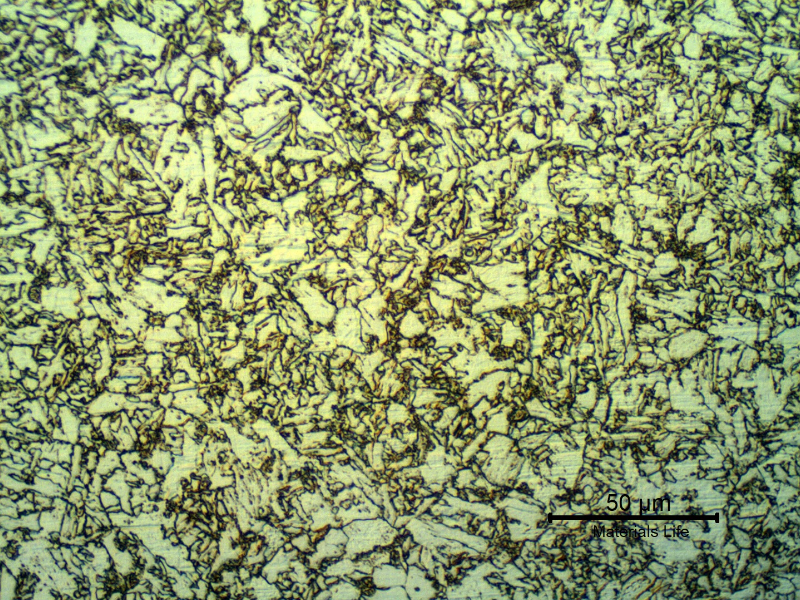 Micrographic detail of the weld metal at the root of the joint showing a mixture of acicular structure with equiaxial ferritic structure. The hardness level in this region is about 231HV10.