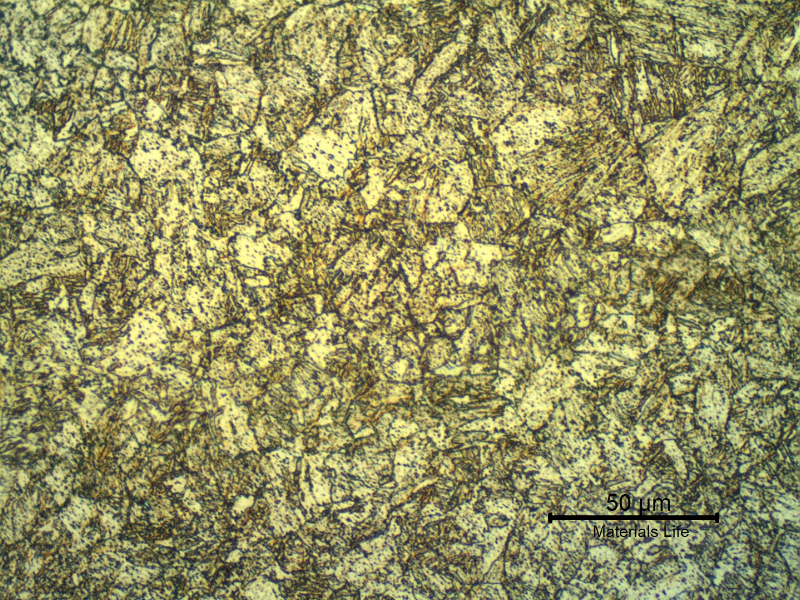 Micrographic detail of the heat affected zone at the face of the joint, close to the fusion line.   The structure is martensitic but the previous austenite grain boundary was not large.  248HV10.