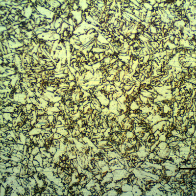 Micrographic detail of the weld metal at the root of the joint showing a mixture of acicular structure with equiaxial ferritic structure. The hardness level in this region is about 231HV10.