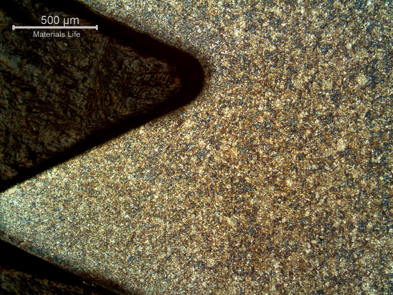 Micrographic aspect of the rolled thread that was heat treated later. Longitudinal section.