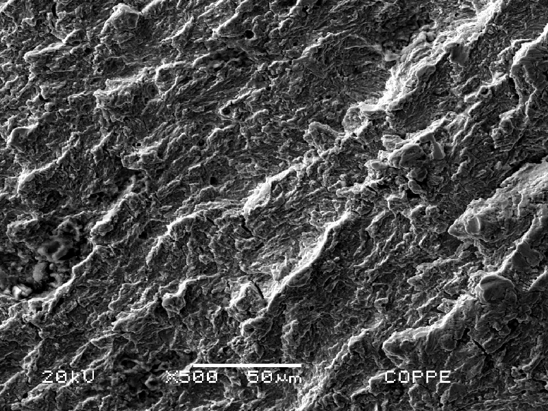 Aspect of the fracture surface by scanning electron microscopy, presenting fatigue striations micromechanism. The bolt is a medium strength low alloy steel, medium carbon, quenched and tempered.