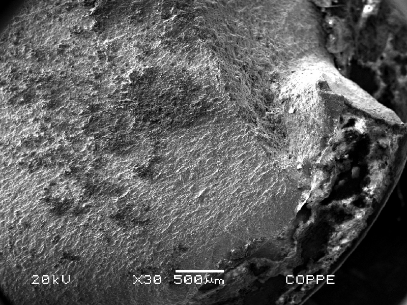 Aspect of the fracture surface in low magnification, showing a flat aspect (associated to a fatigue fracture micromechanims) and a rough aspect (associated to a ductile fracture micromechanism).