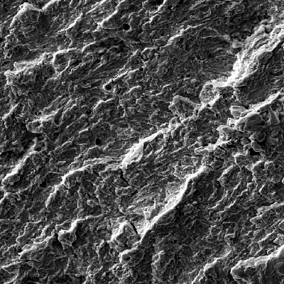 Aspect of the fracture surface by scanning electron microscopy, presenting fatigue striations micromechanism.  The bolt is a medium strength low alloy steel, medium carbon, quenched and tempered.