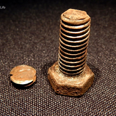 The four bolts have fractured in the same position, close to the end, and the corrosion marks in the thread suggest that they have been tightened only a few fillets in a tapped hole.  This condition could be responsible for overloading the fillets, relaxing the applied bolt preload, and intensifying cyclic stresses.