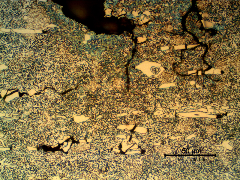 Micrographic details of the cracks at the interface, most part of them associated to the ferritic structure.