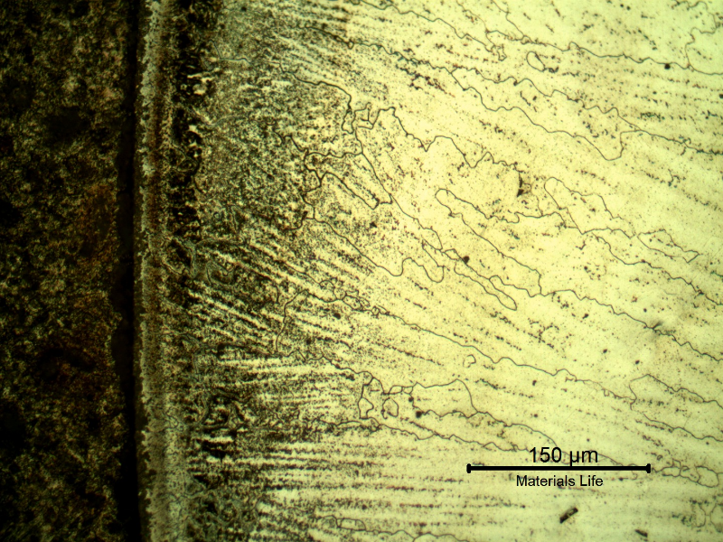 Micrography of a longitudinal section of the pipe at the interface,with oxalic acid electrolytic method that reveals the structure of the clad interface.  Celular structure and transgranular precipitation.