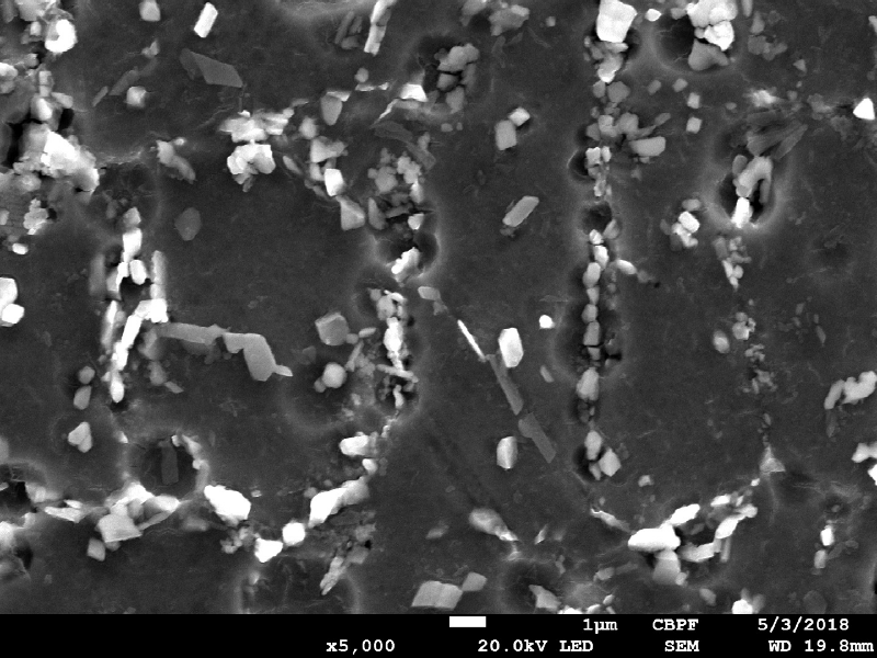 Image by scanning electron microscopy of the metallurgically bonded interface of the internally cladded pipe.  It is a longitudinal seam welded pipe, with substrate in low alloy steel X65 and clad plate in Alloy 625 (welded by a solid state process). The region is a detail in the side of the Ni alloy clad plate where a grain refinement has occurred probably due to recrystallization of a strain hardened region during later heat treatment. The microhardness of this region is a lot higher than the value obtained out of this region, in the clad plate.