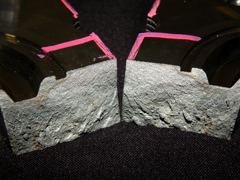 Aspect of the fracture surface after cutting the valve body and opening the crack.  The fracture is brittle.